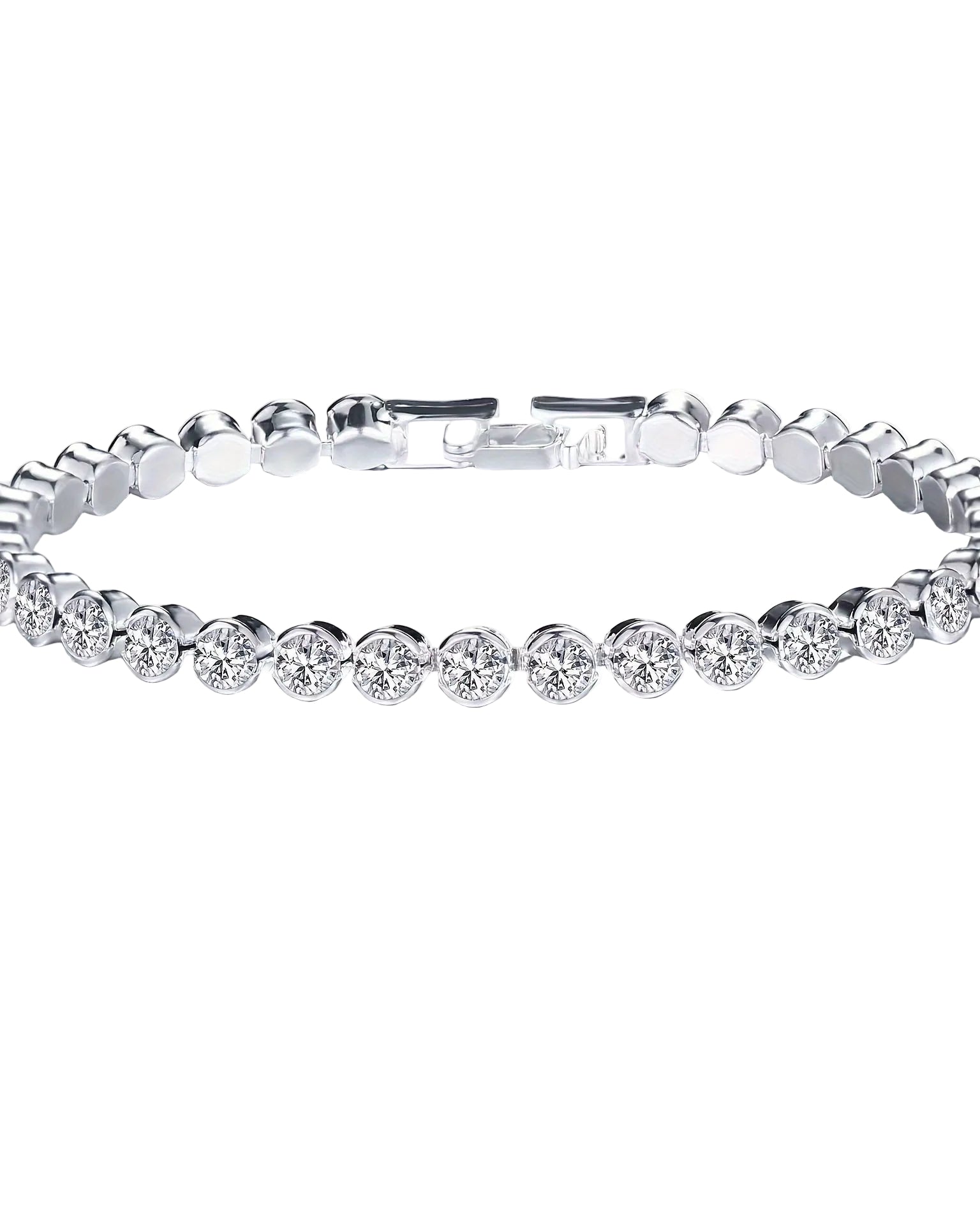 Silver bracelet with clear stones on a white background