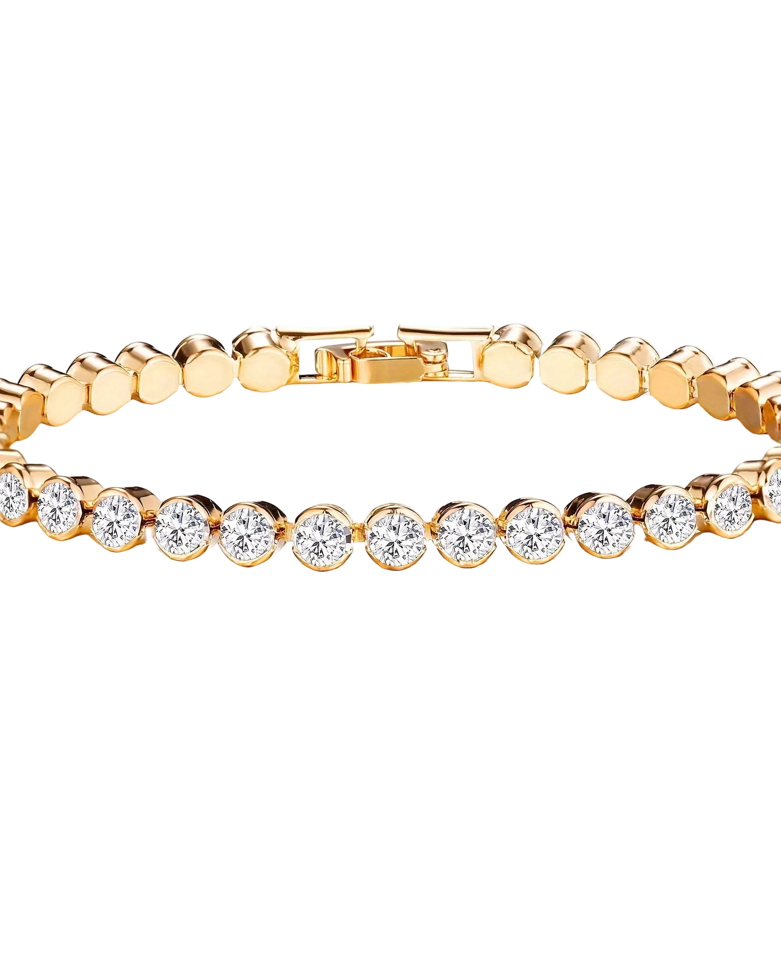 Gold bracelet with clear stones on a white background