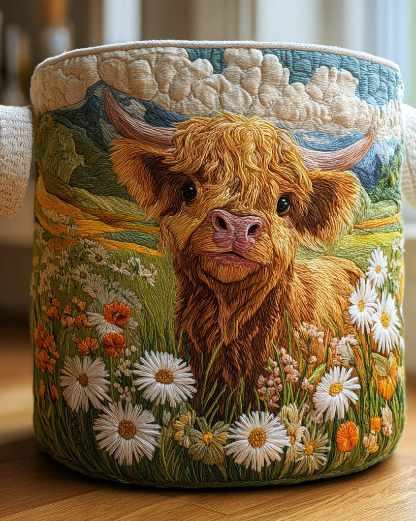 Panier de rangement matelassé Vache des Highlands en Fleurs
