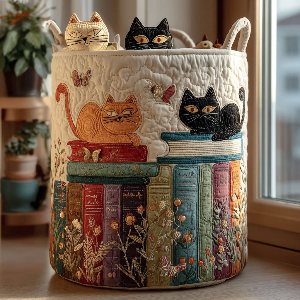 Panier de rangement matelassé Chat et Livres