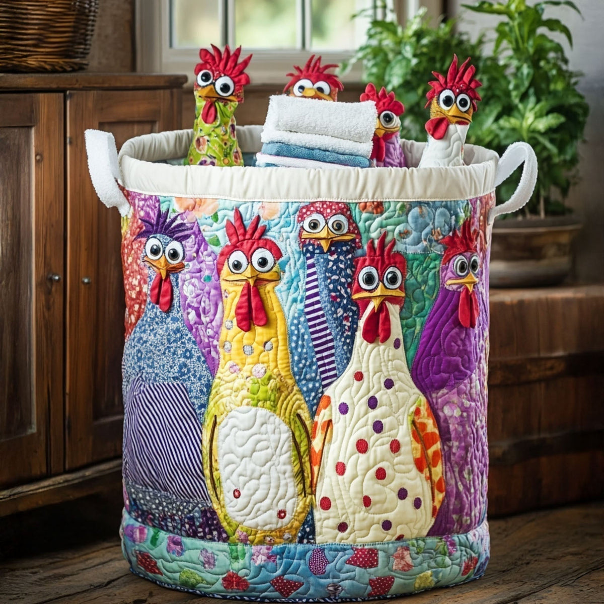 Panier de rangement matelassé Poule Fermière