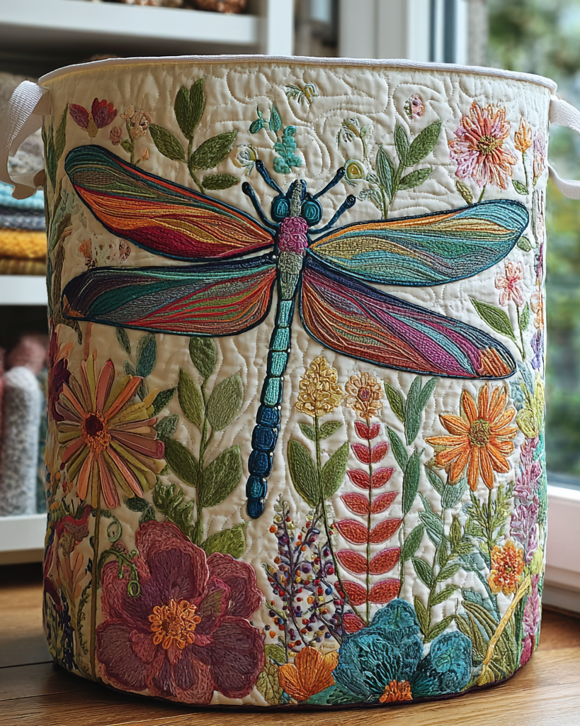 Panier de rangement matelassé Libellule et Fleurs