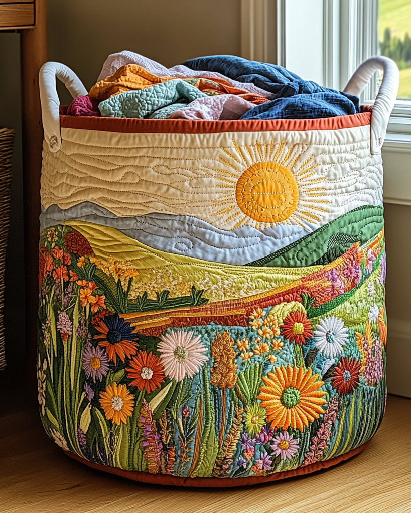 Panier de rangement matelassé Prairie Fleurie