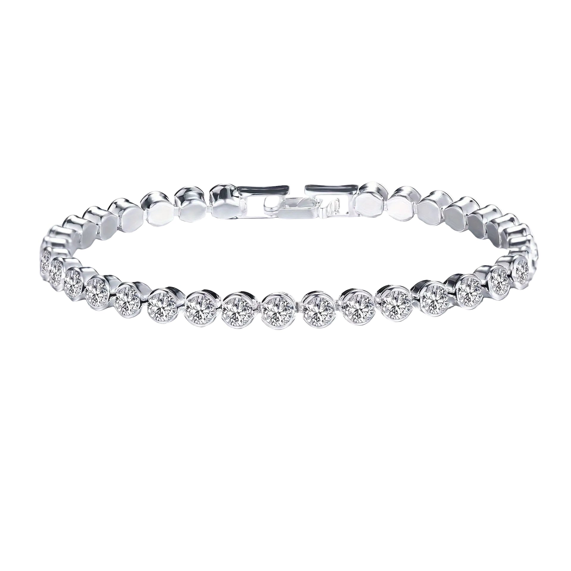 Silver bracelet with clear stones on a white background