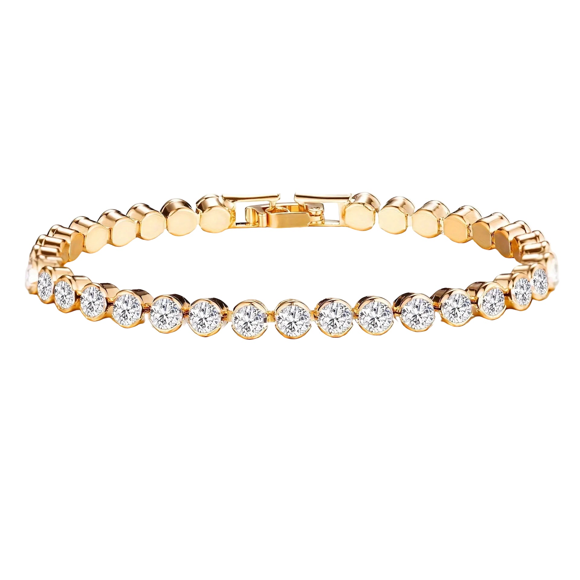Gold bracelet with clear stones on a white background