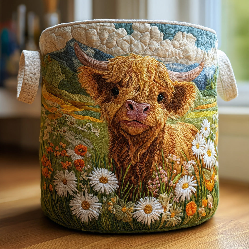 Panier de rangement matelassé Vache des Highlands en Fleurs