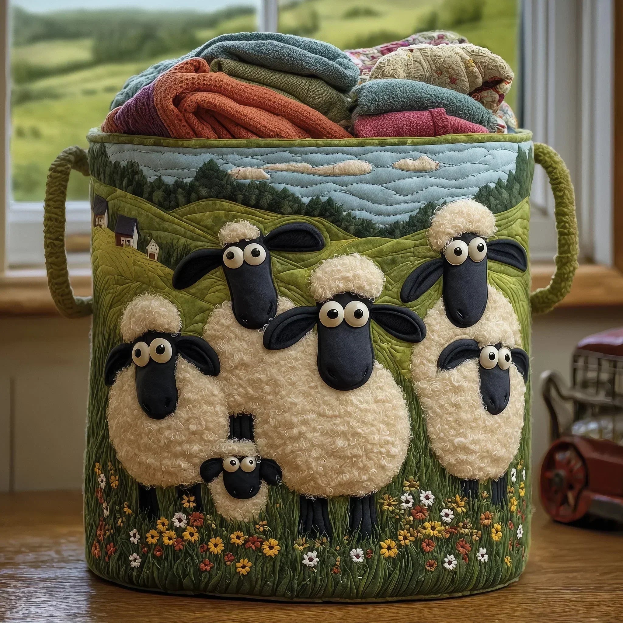 Panier de rangement matelassé Mouton et Fleurs