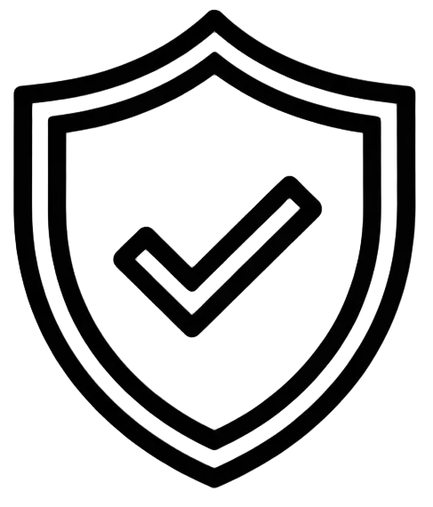 Black shield icon with a check mark on a light gray background