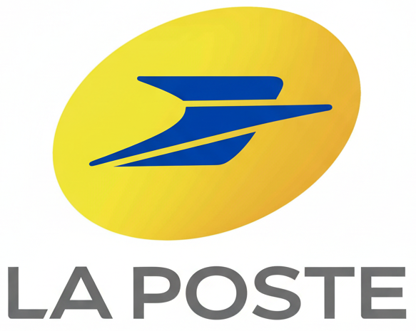 La Poste logo with yellow oval and blue arrow on a white background